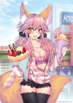  animal_ears artist_name bangs black_legwear black_shorts blush bra breasts building chocolate city cleavage cloud collarbone cowboy_shot crepe day eyebrows_visible_through_hair fate/extra fate/extra_ccc fate_(series) food fox_ears fox_tail frills fruit hair_between_eyes hair_flaps highres ice_cream jacket jewelry large_breasts long_hair long_sleeves looking_at_viewer necklace obiwan open_clothes open_jacket open_mouth orange_eyes outdoors pink_hair pink_jacket short_shorts shorts sky solo_focus strawberry striped striped_jacket tail tamamo_(fate)_(all) tamamo_no_mae_(fate) thighhighs thighs twitter_username underwear wafer_stick white_bra 