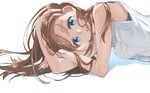  blue_eyes brown_hair eyebrows_visible_through_hair long_hair looking_at_viewer lying nasuko on_side original parted_lips solo upper_body 