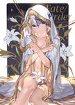  banner blonde_hair blue_eyes blush breasts cleavage commentary_request copyright_name fate/apocrypha fate_(series) flower headpiece holy_pumpkin jeanne_d'arc_(fate) jeanne_d'arc_(fate)_(all) lily_(flower) long_hair looking_at_viewer md5_mismatch medium_breasts navel nude parted_lips sitting solo very_long_hair 