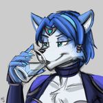  2017 anthro blue_eyes blue_fur blue_hair bodysuit canine chest_tuft clothing drinking fox fur hair heresy_(artist) jewelry krystal mammal multicolored_fur nintendo sketch skinsuit smug star_fox tight_clothing tuft two_tone_fur video_games water white_fur 