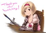  blonde_hair bob_cut djeeta_(granblue_fantasy) fighter_(granblue_fantasy) fukuhara_tetsuya gauntlets granblue_fantasy highres juliet_sleeves long_sleeves looking_at_viewer puffy_sleeves short_hair simple_background sitting smile solo thank_you upper_body white_background 