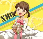  :d brown_eyes brown_hair bullet-ogre choker collarbone doujima_nanako dress elbow_gloves eyebrows_visible_through_hair gloves hair_ribbon heart looking_at_viewer open_mouth persona persona_4 ribbon ribbon_choker short_hair short_twintails sleeveless sleeveless_dress smile solo standing strapless strapless_dress twintails wedding_dress white_dress white_gloves white_ribbon 