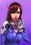  absurdres bangs bodysuit breasts brown_hair candy commentary_request d.va_(overwatch) eyebrows_visible_through_hair facepaint food gloves gtolin_chang hair_over_one_eye headphones high_collar highres lips lollipop long_hair making_of medium_breasts overwatch pilot_suit pink_lips purple_background ribbed_bodysuit skin_tight solo swept_bangs tongue whisker_markings white_gloves 