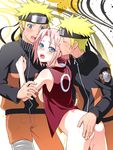  2boys ass blonde_hair blue_eyes blush bottomless breasts cowboy_shot forehead_protector haruno_sakura looking_at_viewer looking_back medium_breasts multiple_boys nanji3 naruto naruto_(series) nipples open_mouth orange_pants pink_hair short_hair spiked_hair standing sweat uzumaki_naruto 