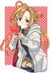  1girl :o abukuma_(kantai_collection) alternate_costume bag bangs black_legwear blue_eyes blush candy chocolate chocolate_heart double_bun eyebrows_visible_through_hair fingernails food hair_between_eyes hair_rings handbag heart holding holding_candy holding_food jacket kantai_collection long_hair long_sleeves looking_at_viewer open_mouth polka_dot sagamiso shorts solo sweater turtleneck turtleneck_sweater twitter_username valentine white_background 