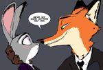  2017 anthro blush canine clothed clothing dialogue disney duo english_text eye_contact female fox grey_background judy_hopps lagomorph male mammal necktie nick_wilde rabbit simple_background smile suit text thewyvernsweaver zootopia 