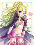  :q black_gloves breasts cape cleavage collarbone cowboy_shot fire_emblem fire_emblem:_kakusei food garter_straps gloves green_hair heart high_ponytail ice_cream long_hair mamkute midriff navel nono_(fire_emblem) pink_legwear pink_shorts pointy_ears poshii_(posy) purple_eyes short_shorts shorts sideboob small_breasts solo standing stomach thighhighs tongue tongue_out very_long_hair 