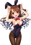  absurdres animal_ears bare_shoulders blue_ribbon blush bow breasts brown_eyes brown_hair brown_legwear bunny_ears bunny_girl bunny_tail bunnysuit collarbone covered_navel detached_sleeves embarrassed fake_animal_ears hair_bow highres idolmaster idolmaster_cinderella_girls large_breasts leaning_forward leotard long_hair looking_at_viewer off_shoulder one_side_up open_mouth pantyhose rariemonn ribbon shimamura_uzuki shiny shiny_skin simple_background solo tail thigh_gap wavy_hair 