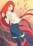  :d absurdly_long_hair black_legwear black_skirt blue_eyes dutch_angle floating_hair from_behind long_hair looking_at_viewer looking_back mimana naruto naruto_(series) open_mouth red_hair shirt short_sleeves skirt smile solo standing thighhighs uzumaki_kushina very_long_hair white_shirt wrist_cuffs zettai_ryouiki 