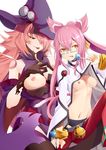  2girls absurdres animal_ears bare_shoulders black_panties black_sclera blazblue blazblue:_central_fiction breasts candy cat_ears cat_tail food glasses gloves hair_over_one_eye hat highres kokonoe konoe_a_mercury large_breasts lollipop long_hair medium_breasts mother_and_daughter multiple_girls panties pink_hair saliva shirowa tail thighhighs tongue tongue_out underwear witch_hat yellow_eyes 