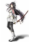  black_hair black_legwear boots brown_eyes eyebrows_visible_through_hair fairy_tail floating_hair full_body grey_skirt hair_ribbon hairband hand_in_hair high_heel_boots high_heels holding holding_sword holding_weapon kagura_mikazuchi katana kurose_nao long_hair looking_at_viewer necktie pantyhose pleated_skirt red_neckwear ribbon sheath sheathed skirt solo standing sword very_long_hair weapon white_footwear white_hairband white_ribbon 