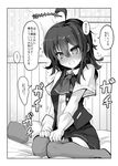 ahoge ai_takurou arashi_(kantai_collection) blush commentary_request gloves greyscale kantai_collection messy_hair monochrome open_mouth pleated_skirt school_uniform short_hair skirt solo thighhighs translated vest 