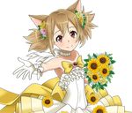  animal_ears bouquet bow brown_hair cat_ears choker collarbone dress flat_chest flower gloves hair_bow hair_flower hair_ornament holding holding_bouquet long_hair looking_at_viewer official_art outstretched_arm pink_flower red_eyes ribbon ribbon_choker short_twintails silica silica_(sao-alo) sleeveless sleeveless_dress smile solo standing strapless strapless_dress sunflower sword_art_online sword_art_online:_code_register transparent_background twintails white_dress white_gloves white_ribbon yellow_flower 