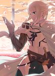  armor bedivere blonde_hair braid cape cloud fate/grand_order fate_(series) field green_eyes hand_on_hilt long_hair looking_to_the_side male_focus outdoors ponytail sky sunset tower tsuru_(clainman) weapon white_cape 