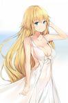  arm_up backless_outfit bare_shoulders blonde_hair blue_eyes breasts casual cleavage closed_mouth collarbone dress eyebrows_visible_through_hair fate/apocrypha fate/grand_order fate_(series) highres jeanne_d'arc_(fate) jeanne_d'arc_(fate)_(all) large_breasts light_smile long_hair looking_at_viewer silver_(chenwen) smile solo white_dress 