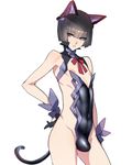  animal_ears ban bare_shoulders black_gloves black_hair bulge cat_ears cat_tail cowboy_shot gloves hand_on_hip highres kittysuit legs_apart leotard looking_at_viewer male_focus neck_ribbon nipples original otoko_no_ko parted_lips purple_eyes purple_hair red_neckwear red_ribbon ribbon short_hair simple_background solo tail white_background 