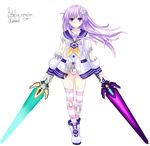  1girl blush clavicle collar d-pad dress dual_swords grass hair_ornament helvetica_5tandard highres holding_weapon long_hair looking_at_viewer nepgear neptune_(series) pink_hair purple_eyes purple_hair shoes standing sword thighhighs torn_clothes weapon 