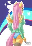  2016 anthro anthrofied blue_eyes butt clothing cutie_mark equine feathered_wings feathers female fluttershy_(mlp) friendship_is_magic hair hi_res legwear looking_at_viewer looking_back mammal my_little_pony mysticalpha panties pegasus pink_hair solo spread_wings stockings underwear wings yellow_feathers 