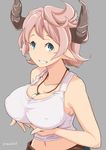  bare_arms bare_shoulders between_breasts blush breast_lift breasts cleavage collarbone covered_nipples draph granblue_fantasy grey_background grin horns jewelry karva_(granblue_fantasy) kichihachi large_breasts looking_at_viewer messy_hair midriff navel necklace pendant pink_hair pointy_ears shiny shiny_skin shirt short_hair simple_background smile solo tank_top tareme twitter_username upper_body white_shirt 