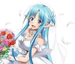  :d asuna_(sao) asuna_(sao-alo) blue_eyes blue_hair bouquet breasts bridal_veil choker cleavage dress dutch_angle earrings flower grey_flower holding holding_bouquet jewelry long_hair looking_at_viewer medium_breasts official_art open_mouth pink_flower pointy_ears purple_flower red_flower sleeveless sleeveless_dress smile solo sword_art_online sword_art_online:_code_register transparent_background upper_body veil very_long_hair wedding_dress white_dress white_feathers yellow_flower 