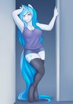  2016 absolute_territory absurd_res anthro askbubblelee blue_hair blush breasts bubble_lee_(character) cat-named-fish cleavage clothed clothing cutie_mark equine eyebrows eyelashes fan_character female freckles hair hand_on_head hi_res horn legwear long_hair mammal my_little_pony pose shorts solo standing stockings thigh_highs underwear unicorn 