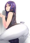  artist_name ass bare_shoulders black_shirt breasts cameltoe casual denim fate/grand_order fate_(series) hair_between_eyes half-closed_eyes hand_up jeans jjune large_breasts long_hair looking_at_viewer minamoto_no_raikou_(fate/grand_order) pants parted_lips pocket purple_eyes purple_hair shirt simple_background sleeveless sleeveless_turtleneck solo turtleneck very_long_hair white_background white_pants 