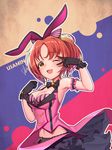  abe_nana animal_ears bad_id bad_pixiv_id black_gloves blush breasts brown_hair bunny_ears cleavage eyebrows_visible_through_hair fake_animal_ears gloves hairband highres idolmaster idolmaster_cinderella_girls large_breasts lee_seok_ho looking_at_viewer navel one_eye_closed open_mouth short_hair smile solo v yellow_eyes 