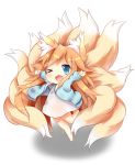  &gt;_o 1girl absurdres animal_ear_fluff animal_ears bangs blonde_hair blue_eyes blue_sweater blush chibi commentary_request dress fang fox_ears fox_girl fox_tail highres kyuubi large_tail long_hair macaroni710 messy_hair multiple_tails one_eye_closed open_mouth original outstretched_arms smile solo standing sweater tail very_long_hair white_dress 