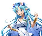  :d asuna_(sao) asuna_(sao-alo) blue_eyes blue_flower blue_hair bracelet breasts cape cleavage collarbone floating_hair flower hair_flower hair_ornament head_wreath jewelry medium_breasts official_art open_mouth pink_flower pointy_ears purple_eyes shirt sleeveless smile solo standing sword_art_online sword_art_online:_code_register transparent_background upper_body white_flower white_shirt 