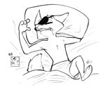  2017 alec8ter anthro bed bedding black_and_white blanket blindfold canine clothed clothing disney drooling expression_meme eyes_closed fox male mammal monochrome nick_wilde on_bed open_mouth saliva signature simple_background sleeping sleeping_mask solo topless under_covers underwear white_background zootopia 