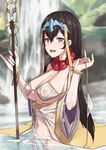  bikini bikini_bottom_removed bracelet breasts brown_eyes brown_hair cleavage covered_nipples earrings fate/grand_order fate_(series) highres hoop_earrings jewelry k_jin large_breasts long_hair looking_at_viewer see-through smile solo staff swimsuit wet wet_clothes white_bikini xuanzang_(fate/grand_order) 