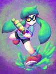  2015 abstract_background action_pose bracelet clothed clothing crankyconstruct female green_hair hair hi_res holding_object holding_weapon humanoid inkling jewelry nintendo not_furry orange_eyes pointy_ears running shorts solo splatoon tentacles video_games water_gun weapon 