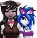  2014 anthro anthrofied black_hair blue_hair clothing dclzexon duo earth_pony equine eyewear female friendship_is_magic hair half-closed_eyes hi_res horn horse long_hair looking_at_viewer mammal multicolored_hair my_little_pony octavia_(mlp) pony purple_eyes red_eyes simple_background smile two_tone_hair unicorn vinyl_scratch_(mlp) white_background 