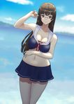  adapted_costume beach bikini black_hair blue_bikini blue_skirt breasts choukai_(kantai_collection) cleavage closed_mouth collarbone day eyebrows_visible_through_hair glasses hand_in_hair hand_on_own_stomach hayabusa highres kantai_collection large_breasts long_hair looking_at_viewer navel outdoors red_eyes sailor_beach_wear_(no.s_project) sailor_collar shadow skindentation skirt solo swimsuit 