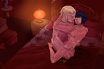  2boys anal bed bedroom black_hair blonde_hair blue_eyes crossover doggystyle erection final_fantasy final_fantasy_xv french_kiss grab hand_behind_head kiss lightning_returns:_final_fantasy_xiii looking_at_another magnta male_focus moaning multiple_boys muscle navel nipples noctis_lucis_caelum nude on_bed open_mouth penis saliva sex snow_villiers spread_legs sweat teeth tongue tongue_out yaoi 