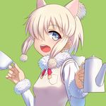  :d alpaca_ears alpaca_suri_(kemono_friends) animal_ears blonde_hair blue_eyes cup extra_ears fur_collar fur_trim green_background hair_over_one_eye highres kemono_friends long_sleeves looking_at_viewer open_mouth short_hair simple_background sion_(9117) smile solo teacup teapot upper_body vest 