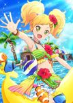  aikatsu!_(series) aikatsu!_photo_on_stage!! aikatsu_stars! angelfish banana_boat beach beads blonde_hair bracelet butterflyfish cloud clownfish coconut_tree day dolphin_pendant floral_print flower green_eyes hair_flower hair_ornament hibiscus hibiscus_print jewelry necklace nikaidou_yuzu ocean open_mouth outdoors palm_tree sky sleeveless smile sunlight tree tropical_fish twintails water 