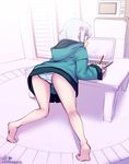  ass bare_legs barefoot bent_over blue_eyes blush commentary_request computer drooling erection eromanga_sensei fellatio full_body hetero hood hood_down hoodie indoors izumi_sagiri laptop long_sleeves oral panties penis pornography sidelocks signature silver_hair solo souryu striped striped_panties stylus table twitter_username underwear video watching 