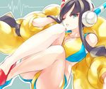  bare_shoulders black_hair blue_eyes collarbone fur_coat headphones kamitsure_(pokemon) one_eye_closed orange_mikan pokemon pokemon_(game) pokemon_bw2 short_shorts shorts solo 