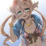  1girl alisha_diphda bikini blue_eyes blush bracelet breasts brown_hair cleavage hair_ornament hood long_hair navel open_mouth sunglasses tales_of_(series) tales_of_zestiria twintails 