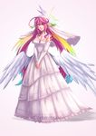  angel_wings breasts bridal_gauntlets bridal_veil cleavage dress elbow_gloves feathered_wings gloves gzei halo jibril_(no_game_no_life) long_hair low_wings magic_circle medium_breasts multicolored multicolored_eyes multicolored_hair no_game_no_life pink_hair purple_eyes smile solo tattoo veil very_long_hair wedding_dress white_dress white_gloves white_wings wing_ears wings yellow_eyes 