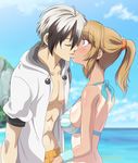  1boy 1girl abs bare_shoulders bikini blue_eyes blush breasts brown_hair eyes_closed grey_hair kiss leia_rolando long_hair ludger_will_kresnik midriff multicolored_hair ponytail short_hair tales_of_(series) tales_of_xillia tales_of_xillia_2 tan 