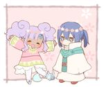  &gt;_&lt; 1boy 1girl belt blue_eyes blue_hair blush cloak dark_skin dress eyes_closed flower keele_zeibel long_hair meredy open_mouth pantyhose pink_background ponytail purple_hair quickie shoes tales_of_(series) tales_of_eternia twintails 