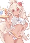  &gt;:) ahoge bikini_bottom breasts clenched_hand cocktail contrapposto cowboy_shot crazy_straw cup dark_skin drinking_glass drinking_straw flower granblue_fantasy hair_flower hair_ornament hibiscus holding holding_tray kanachirou long_hair looking_at_viewer medium_breasts midriff mole mole_under_eye navel red_eyes shirt simple_background sleeveless smile solo standing string_bikini tank_top tied_shirt tray tropical_drink v-shaped_eyebrows very_long_hair w_arms white_background white_hair zooey_(granblue_fantasy) 