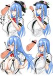  1boy 1girl blue_hair blush breasts censored drooling fellatio ground_zero hat hinanawi_tenshi huge_breasts long_hair precum red_eyes ribbon saliva simple_background solo_focus touhou white_background 
