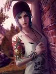  androgynous arm_up armpits ben_savory black_bra blue_eyes blue_hair blurry bra breasts brick_wall chloe_price depth_of_field hat jewelry life_is_strange looking_at_viewer medium_breasts necklace outdoors signature skull solo strap_slip tank_top tattoo tree underwear upper_body 
