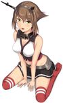  bangs between_legs black_skirt blush breasts brown_hair cleavage eyebrows_visible_through_hair flipped_hair full_body green_eyes hand_between_legs headgear jewelry kantai_collection kneehighs looking_at_viewer medium_breasts metal_belt monoku mutsu_(kantai_collection) navel no_shoes open_mouth pleated_skirt red_legwear ring shadow shiny shiny_hair shoes_removed short_hair simple_background sitting skindentation skirt solo striped striped_skirt wariza wedding_band white_background 