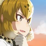  animal_ears blonde_hair blush bow cloud commentary_request face fang fur_collar gloves hand_on_own_chin ichinose_rokujou jaguar_(kemono_friends) jaguar_ears kemono_friends looking_to_the_side open_mouth short_hair sky solo star_(sky) starry_sky yellow_eyes 