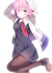  adjusting_clothes adjusting_hat black_dress boots breasts brown_legwear dress eyes_visible_through_hair fate/grand_order fate_(series) hair_over_one_eye hat hatsuki_kaname looking_at_viewer mash_kyrielight medium_breasts necktie pantyhose petals purple_eyes purple_hair red_neckwear short_dress short_hair solo standing standing_on_one_leg 