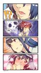  2girls 4koma anger_vein black_hair blush bug comic commentary commentary_request fusou_(kantai_collection) headgear highres implied_yuri indirect_kiss insect japanese_clothes kantai_collection lips long_hair mosquito multiple_girls nonco nontraditional_miko purple_hair red_eyes short_hair silent_comic skull smile sparkle sweatdrop tokyo_tower yamashiro_(kantai_collection) 